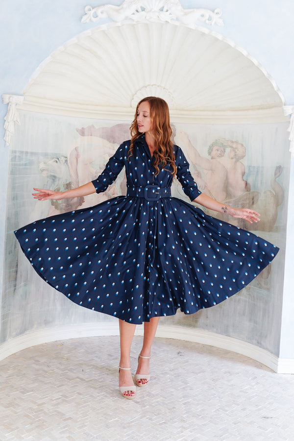 Terry Dress Shirt Collar 3/4 Sleeve Midi Plus Length Poliamide Taffta (Grading Dots)