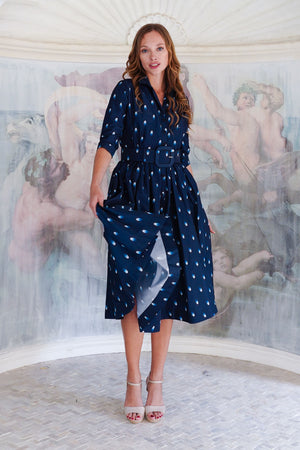 Terry Dress Shirt Collar 3/4 Sleeve Midi Plus Length Poliamide Taffta (Grading Dots)