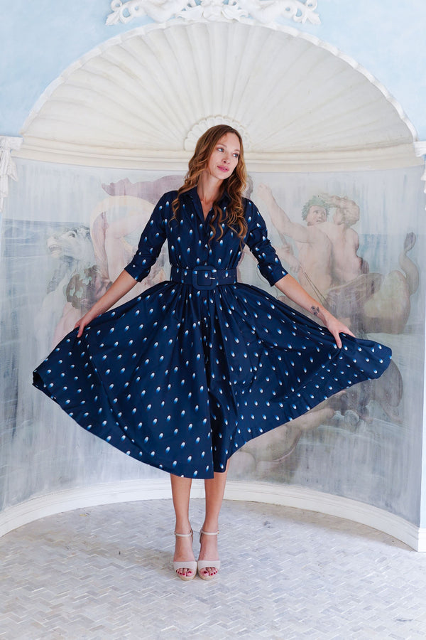 Terry Dress Shirt Collar 3/4 Sleeve Midi Plus Length Poliamide Taffta (Grading Dots)