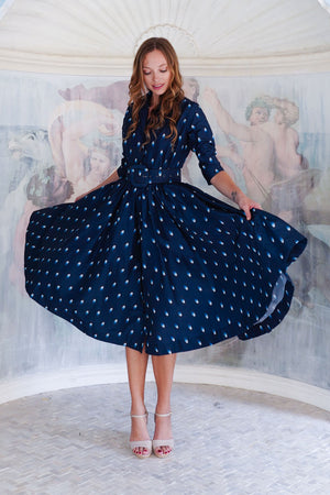 Terry Dress Shirt Collar 3/4 Sleeve Midi Plus Length Poliamide Taffta (Grading Dots)