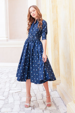 Terry Dress Shirt Collar 3/4 Sleeve Midi Plus Length Poliamide Taffta (Grading Dots)