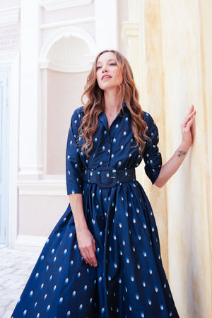 Terry Dress Shirt Collar 3/4 Sleeve Midi Plus Length Poliamide Taffta (Grading Dots)