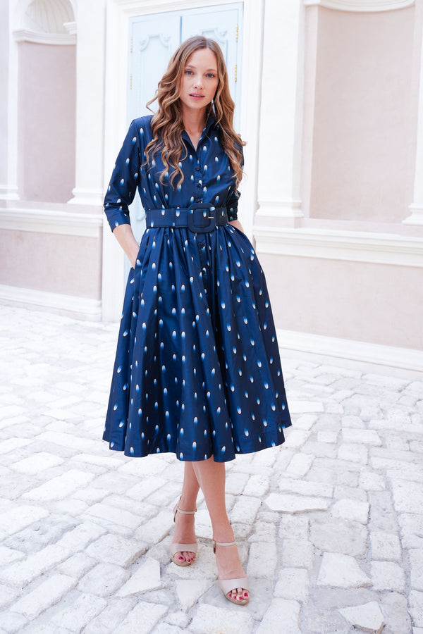 Terry Dress Shirt Collar 3/4 Sleeve Midi Plus Length Poliamide Taffta (Grading Dots)