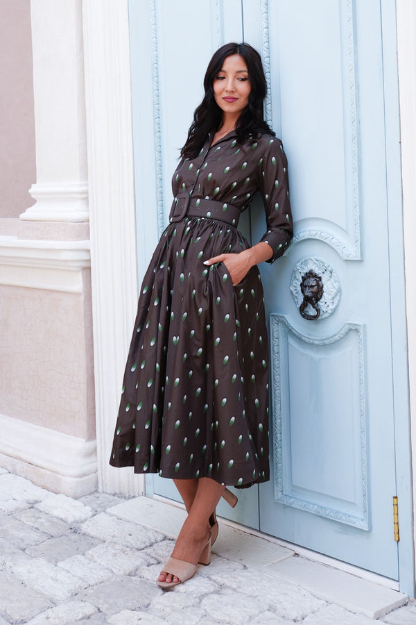 Terry Dress Shirt Collar 3/4 Sleeve Midi Plus Length Poliamide Taffta (Grading Dots)