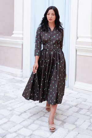 Terry Dress Shirt Collar 3/4 Sleeve Midi Plus Length Poliamide Taffta (Grading Dots)