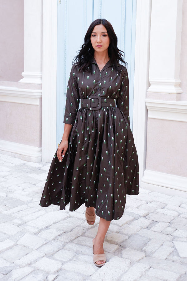 Terry Dress Shirt Collar 3/4 Sleeve Midi Plus Length Poliamide Taffta (Grading Dots)