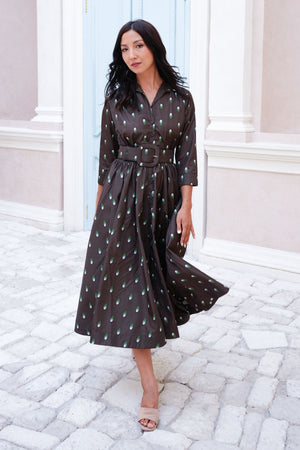 Terry Dress Shirt Collar 3/4 Sleeve Midi Plus Length Poliamide Taffta (Grading Dots)