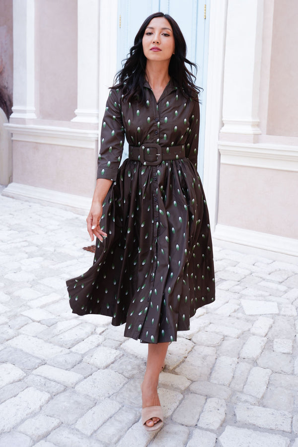 Terry Dress Shirt Collar 3/4 Sleeve Midi Plus Length Poliamide Taffta (Grading Dots)