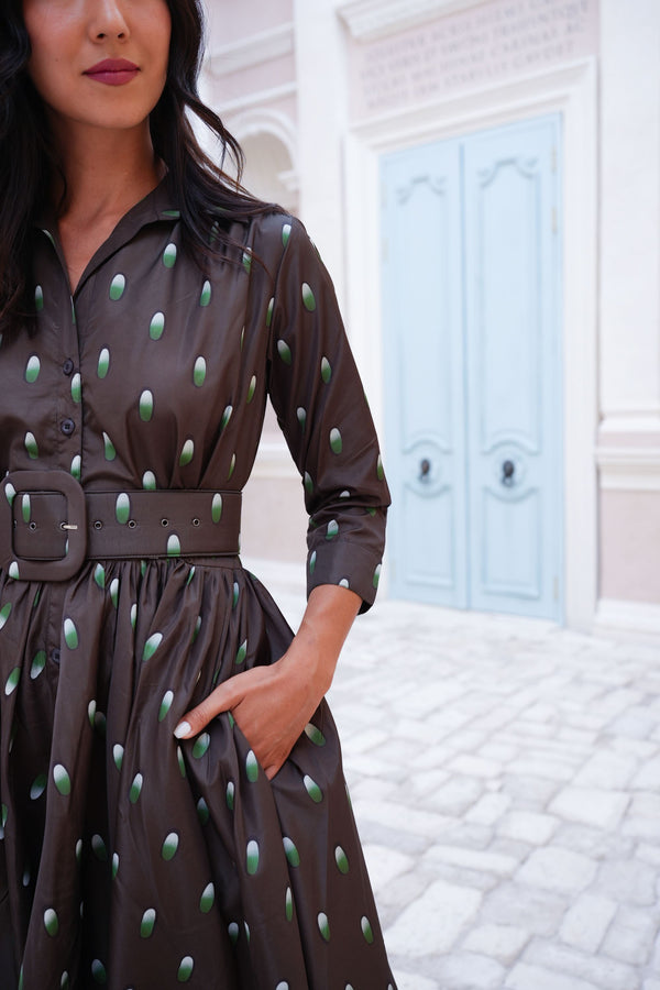 Terry Dress Shirt Collar 3/4 Sleeve Midi Plus Length Poliamide Taffta (Grading Dots)