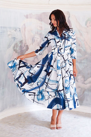 Terry Dress Shirt Collar 3/4 Sleeve Midi Length Poliamide Taffta (Griffiti Art White)