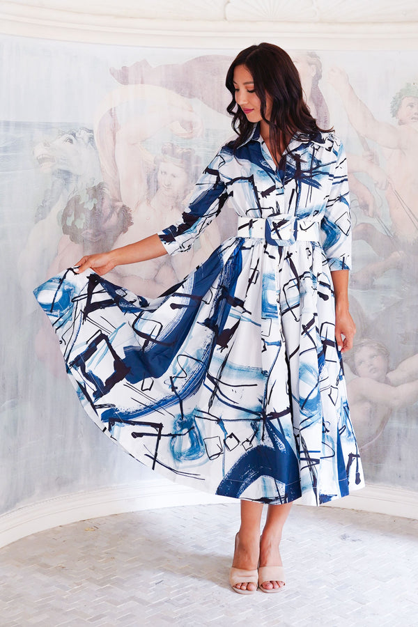 Terry Dress Shirt Collar 3/4 Sleeve Midi Length Poliamide Taffta (Griffiti Art White)