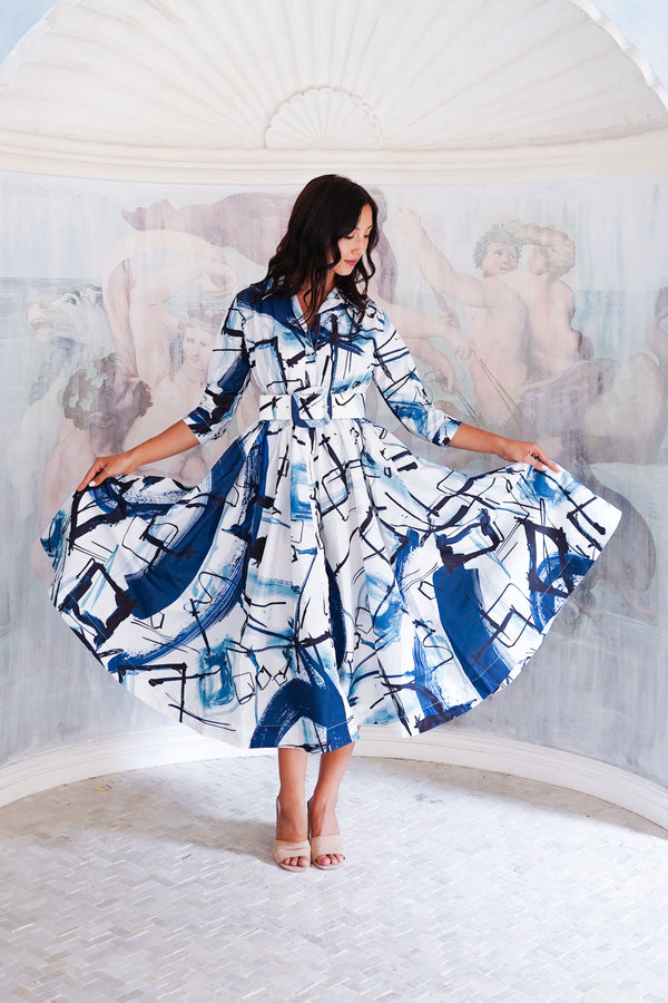 Terry Dress Shirt Collar 3/4 Sleeve Midi Length Poliamide Taffta (Griffiti Art White)