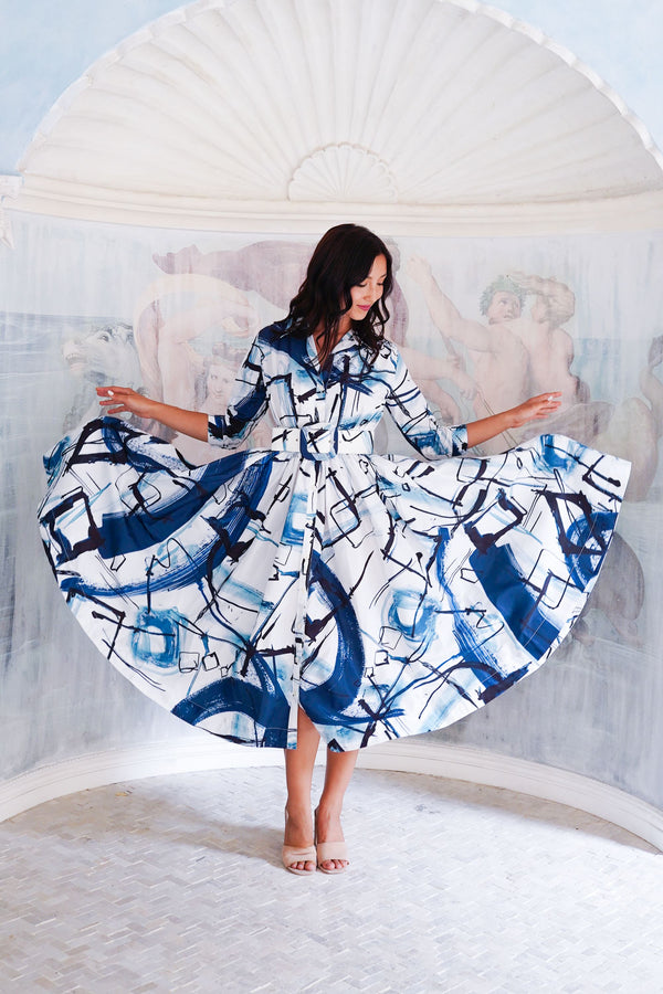 Terry Dress Shirt Collar 3/4 Sleeve Midi Length Poliamide Taffta (Griffiti Art White)