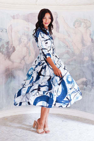 Terry Dress Shirt Collar 3/4 Sleeve Midi Length Poliamide Taffta (Griffiti Art White)