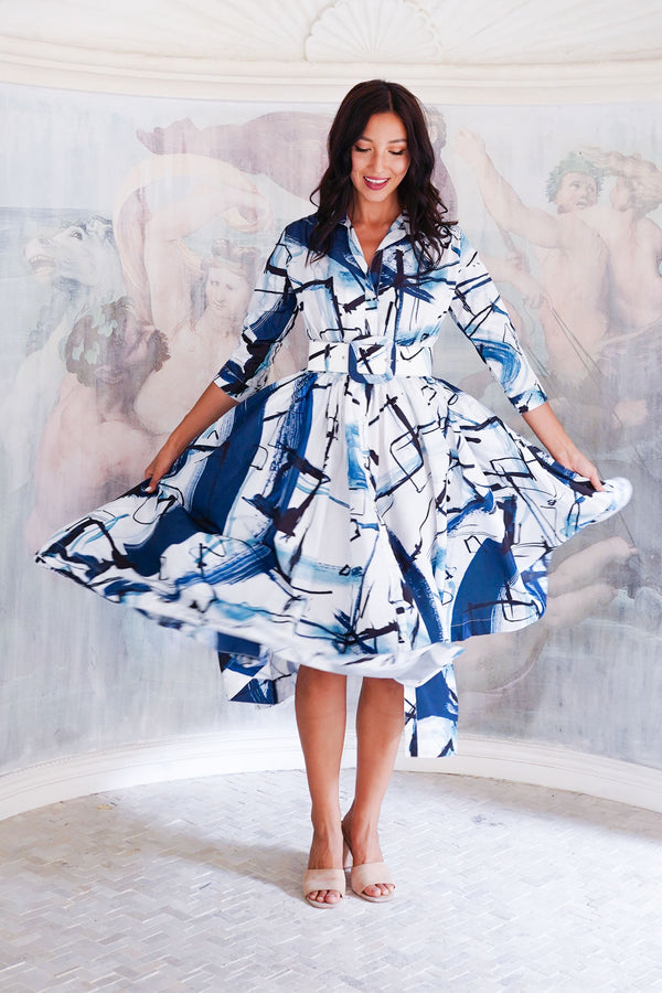 Terry Dress Shirt Collar 3/4 Sleeve Midi Length Poliamide Taffta (Griffiti Art White)