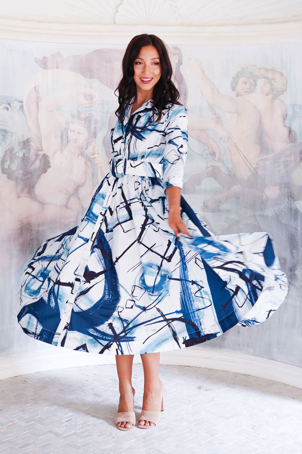 Terry Dress Shirt Collar 3/4 Sleeve Midi Length Poliamide Taffta (Griffiti Art White)