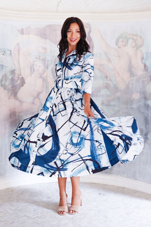 Terry Dress Shirt Collar 3/4 Sleeve Midi Length Poliamide Taffta (Griffiti Art White)