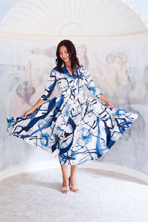 Terry Dress Shirt Collar 3/4 Sleeve Midi Length Poliamide Taffta (Griffiti Art White)