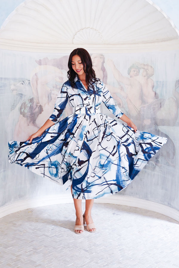 Terry Dress Shirt Collar 3/4 Sleeve Midi Length Poliamide Taffta (Griffiti Art White)