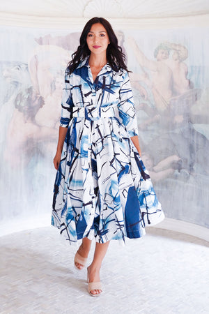 Terry Dress Shirt Collar 3/4 Sleeve Midi Length Poliamide Taffta (Griffiti Art White)