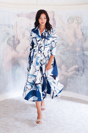 Terry Dress Shirt Collar 3/4 Sleeve Midi Length Poliamide Taffta (Griffiti Art White)