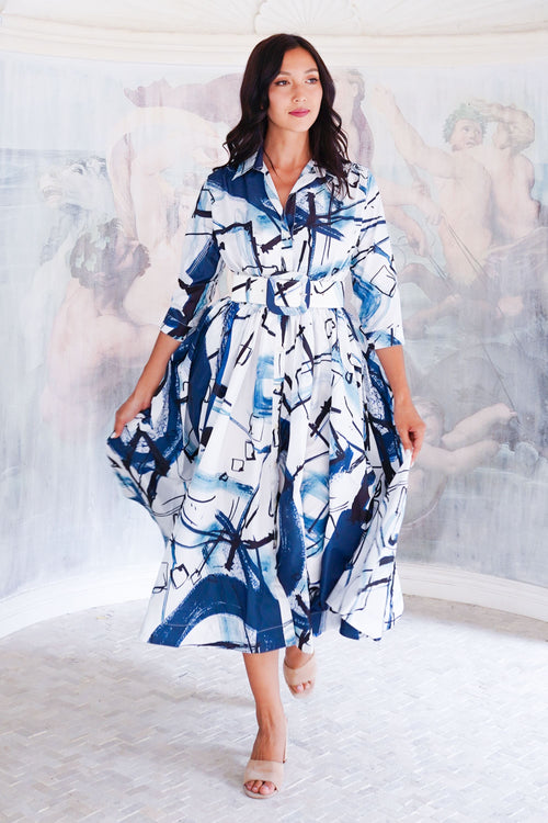 Terry Dress Shirt Collar 3/4 Sleeve Midi Length Poliamide Taffta (Griffiti Art White)