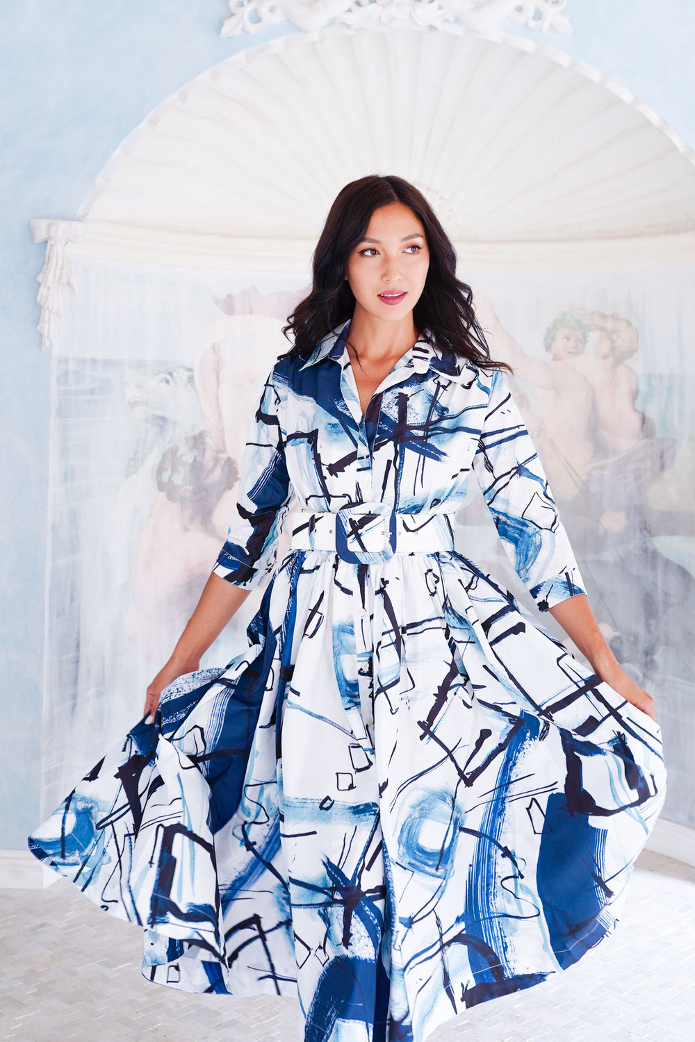 Terry Dress Shirt Collar 3/4 Sleeve Midi Length Poliamide Taffta (Griffiti Art White)