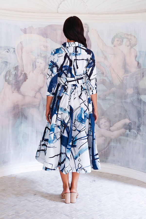 Terry Dress Shirt Collar 3/4 Sleeve Midi Length Poliamide Taffta (Griffiti Art White)