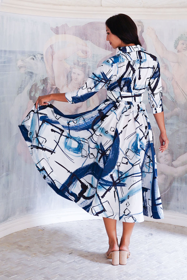 Terry Dress Shirt Collar 3/4 Sleeve Midi Length Poliamide Taffta (Griffiti Art White)