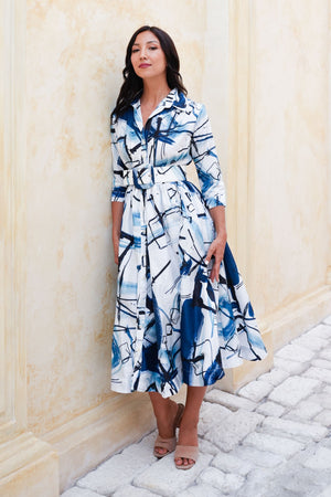 Terry Dress Shirt Collar 3/4 Sleeve Midi Length Poliamide Taffta (Griffiti Art White)