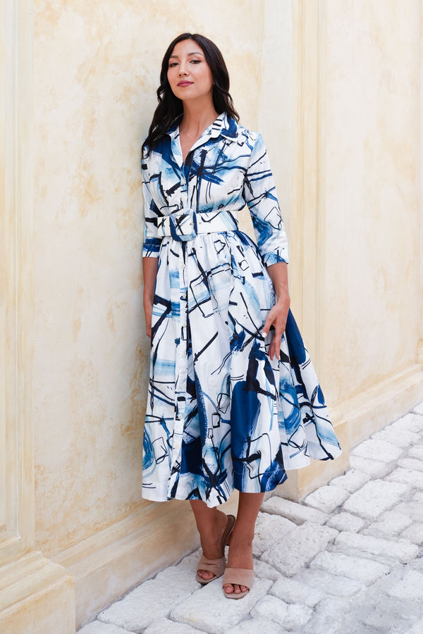 Terry Dress Shirt Collar 3/4 Sleeve Midi Length Poliamide Taffta (Griffiti Art White)