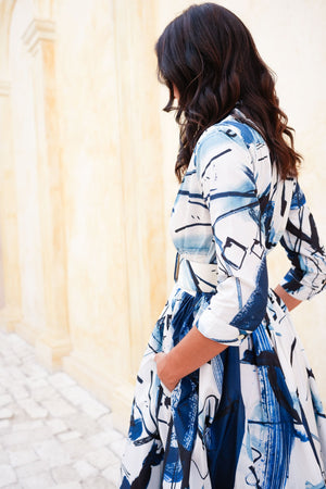 Terry Dress Shirt Collar 3/4 Sleeve Midi Length Poliamide Taffta (Griffiti Art White)