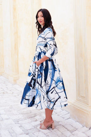 Terry Dress Shirt Collar 3/4 Sleeve Midi Length Poliamide Taffta (Griffiti Art White)