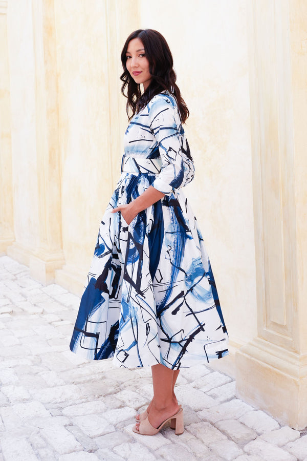 Terry Dress Shirt Collar 3/4 Sleeve Midi Length Poliamide Taffta (Griffiti Art White)