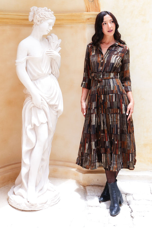 Aster Dress Shirt Collar 3/4 Sleeve Midi Length Wool (Granada Rug) - Ochra