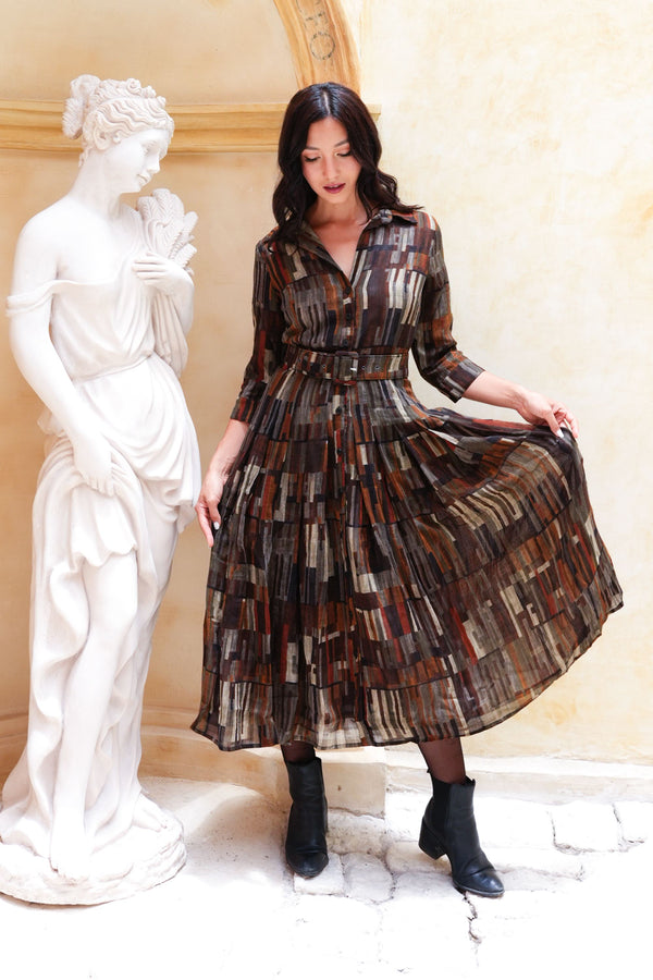 Aster Dress Shirt Collar 3/4 Sleeve Midi Length Wool (Granada Rug) - Ochra