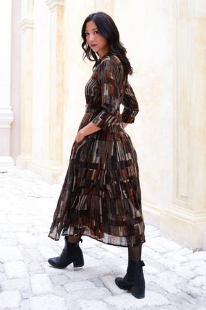 Aster Dress Shirt Collar 3/4 Sleeve Midi Length Wool (Granada Rug) - Ochra