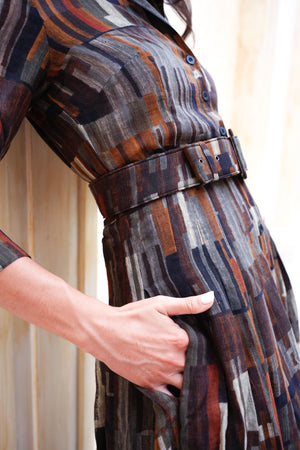 Aster Dress Shirt Collar 3/4 Sleeve Midi Length Wool (Granada Rug) - Ochra