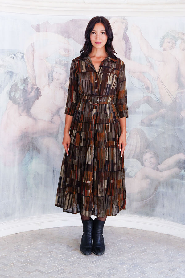 Aster Dress Shirt Collar 3/4 Sleeve Midi Length Wool (Granada Rug) - Ochra