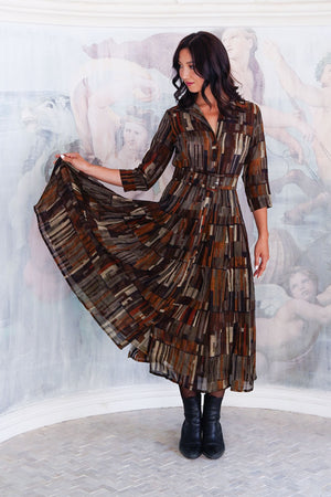 Aster Dress Shirt Collar 3/4 Sleeve Midi Length Wool (Granada Rug) - Ochra