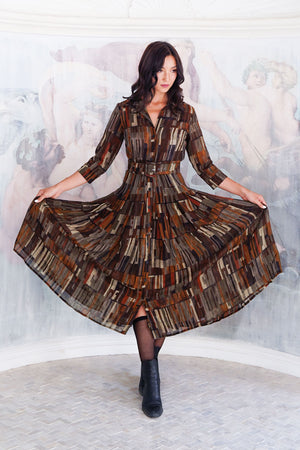 Aster Dress Shirt Collar 3/4 Sleeve Midi Length Wool (Granada Rug) - Ochra