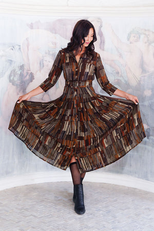 Aster Dress Shirt Collar 3/4 Sleeve Midi Length Wool (Granada Rug) - Ochra