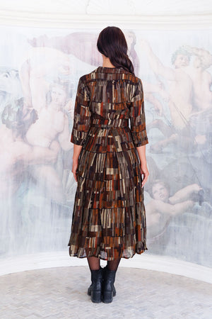 Aster Dress Shirt Collar 3/4 Sleeve Midi Length Wool (Granada Rug) - Ochra