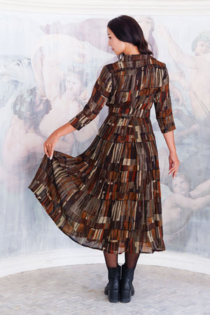 Aster Dress Shirt Collar 3/4 Sleeve Midi Length Wool (Granada Rug) - Ochra