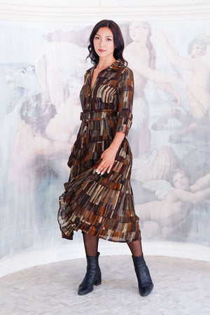 Aster Dress Shirt Collar 3/4 Sleeve Midi Length Wool (Granada Rug) - Ochra