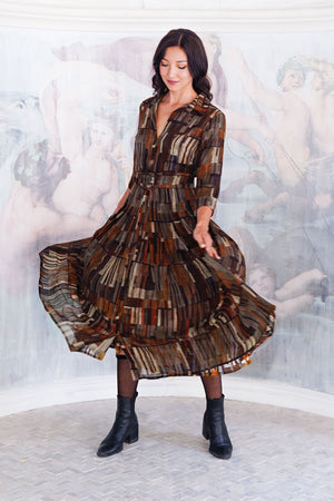 Aster Dress Shirt Collar 3/4 Sleeve Midi Length Wool (Granada Rug) - Ochra