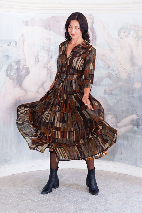 Aster Dress Shirt Collar 3/4 Sleeve Midi Length Wool (Granada Rug) - Ochra