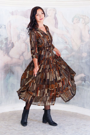 Aster Dress Shirt Collar 3/4 Sleeve Midi Length Wool (Granada Rug) - Ochra