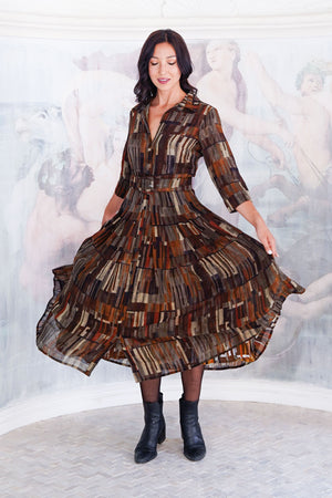 Aster Dress Shirt Collar 3/4 Sleeve Midi Length Wool (Granada Rug) - Ochra