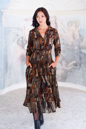 Aster Dress Shirt Collar 3/4 Sleeve Midi Length Wool (Granada Rug) - Ochra